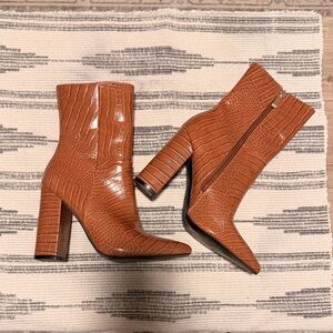 Brown Croc-Embossed Ankle Boots